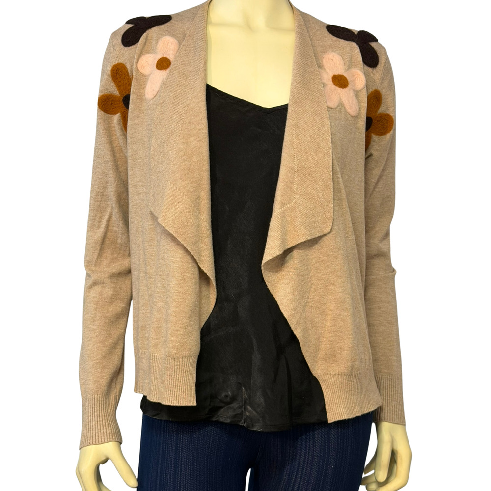 Aaeda Sz M Waterfall Open Cardigan Felted Flower Appliqués Neutral Tan Soft Knit